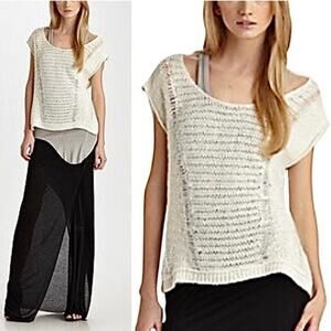 Helmut Lang Ivory Destroyed Artisanal Hollow Knit Linen Cap Sleeve Sweater